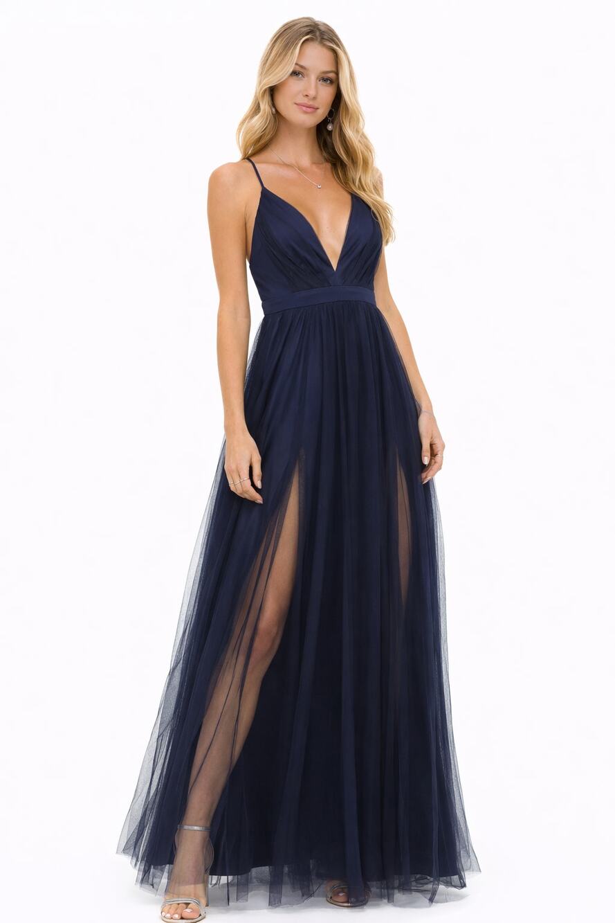 Lulus Rare Beauty Navy Blue Tulle Backless Formal Maxi Dress Womens Size XS New